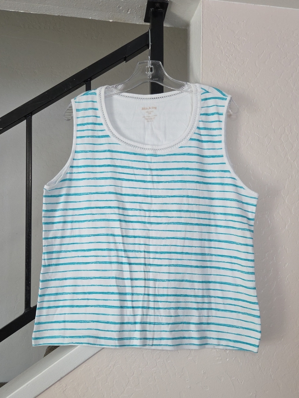 White Stag White Tank Top with Aqua Stripes Size XXL